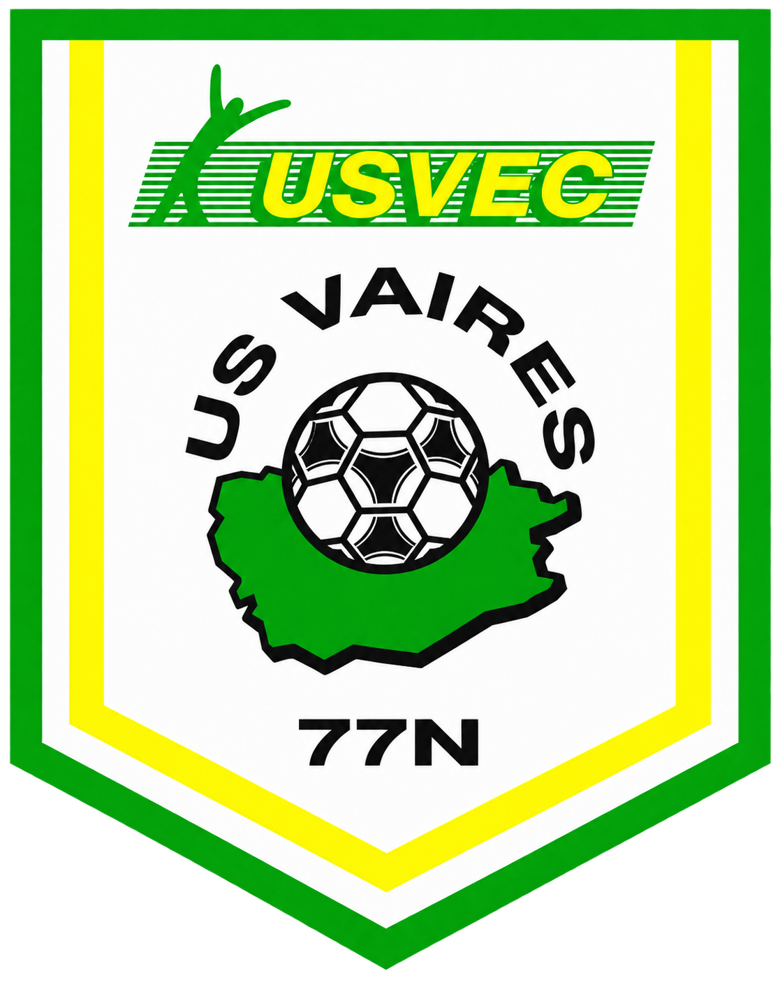 Ancien blason USVEC de l'US Vaires, vert, jaune et blanc, portant les mentions US Vaires et 77N